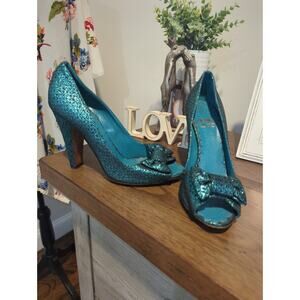 Moschino Cheap and Chic Blue Shimmer Bow Peep Toe Pumps